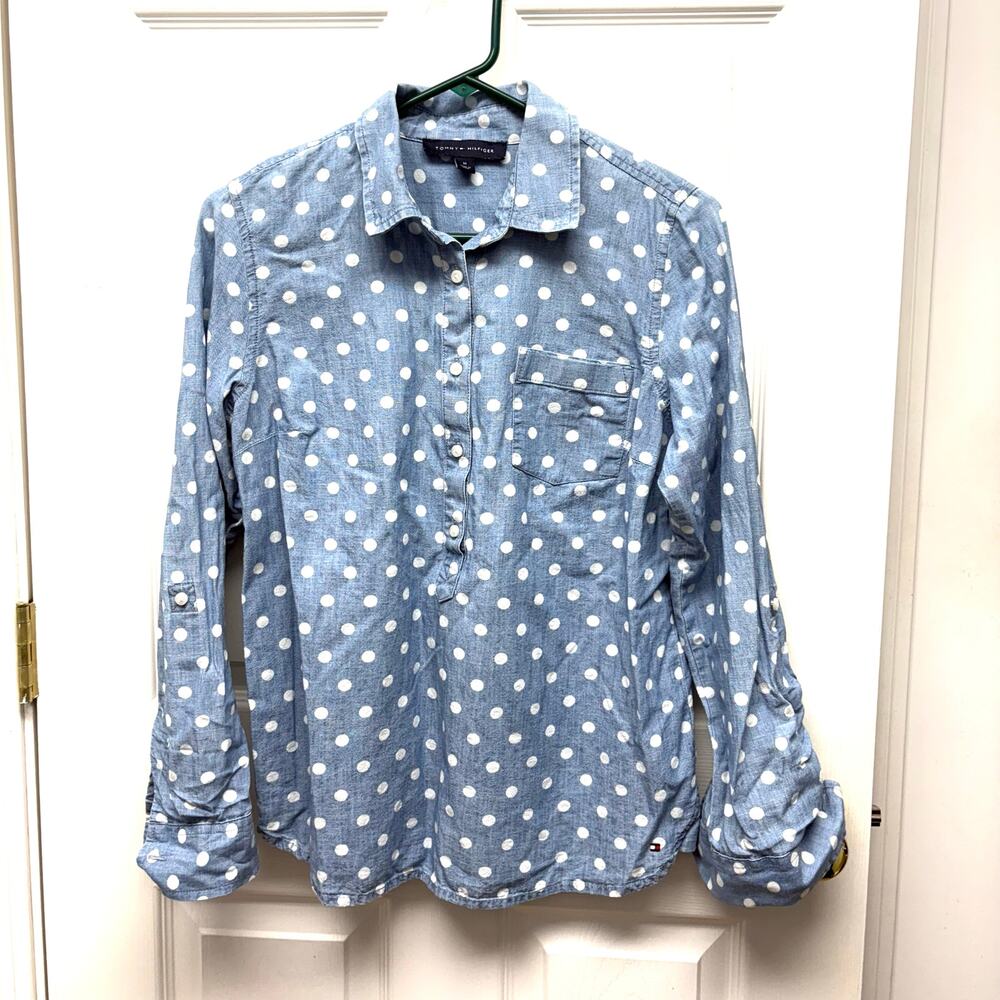 Tommy Hilfiger Blouse Blue 100% Cotton Chambray Button Up Tab Sleeve Womens M